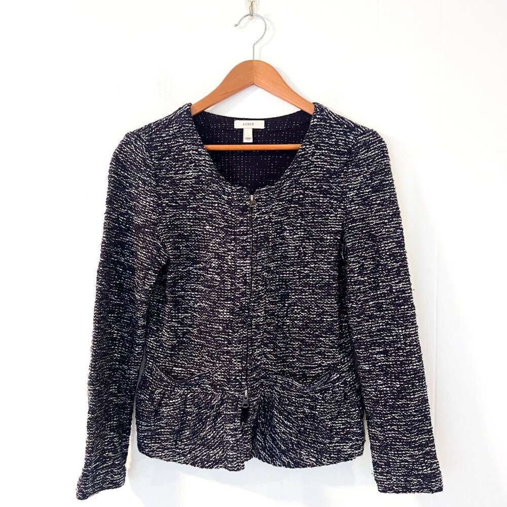 J. Crew Womens Navy Blue White Tweed Boucle Peplum Blazer Jacket Size Small - Picture 5 of 11